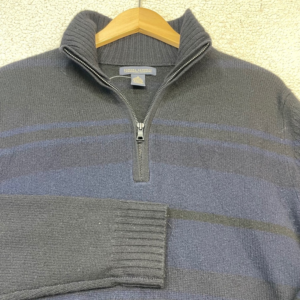 Banana Republic Sweater Mens S Blue Lambswool Cashmere 1/4 Zip Striped 232941-01